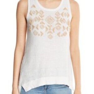 Beaded Sleeveless Linen Tank Top By Donna Karan XL With Wooden Embellishments